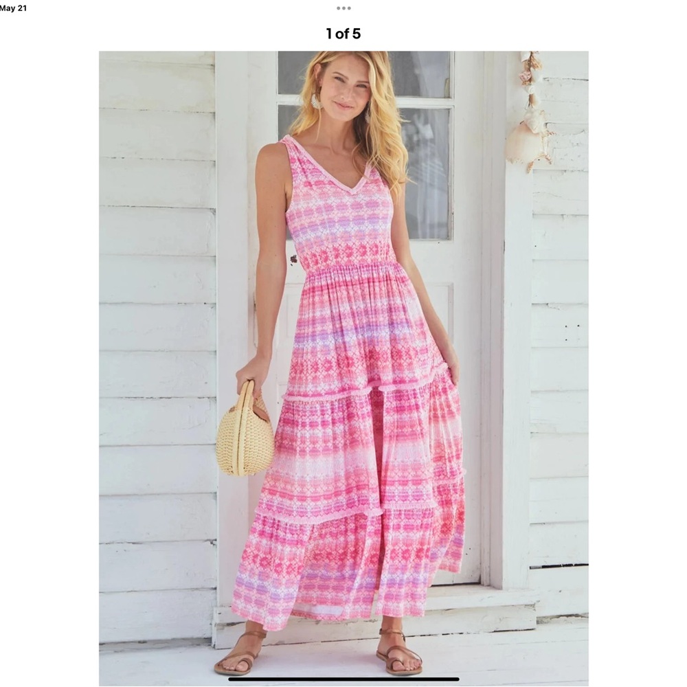 Cabana Life Pink and White Tiered Ruffled Maxi Sundress UPF 50+ M